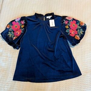 THML Women's Velvet Navy Top with Floral Embroidery